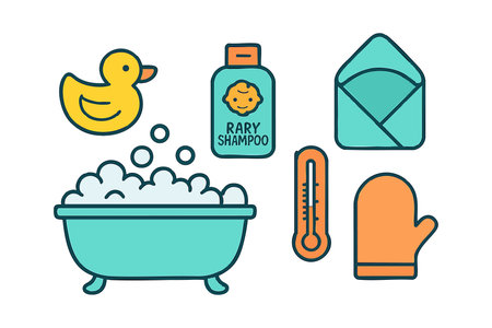 This vector image shows baby bath essentials including a rubber duck, shampoo bottle, bathtub with bubbles, thermometer, oven mitt, and envelope in soft pastel colors, playful and calm.のイラスト素材
