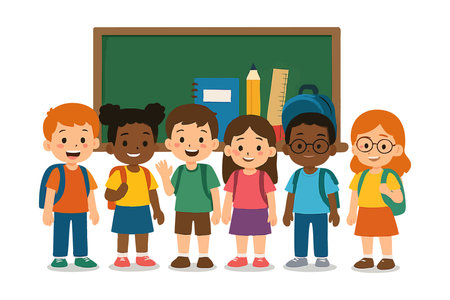 Illustration shows six cheerful children of different ethnicities standing before a chalkboard with school items, symbolizing education and friendship. The scene feels joyful and welcoming.のイラスト素材