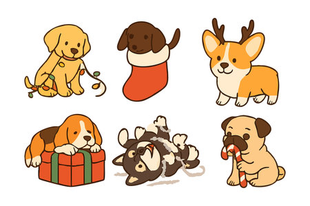 This vector shows six adorable puppies playing with Christmas stockings, gifts, candy canes, and lights, perfect for festive holiday designs. The mood is joyful and cheerful.のイラスト素材