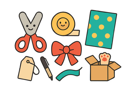 Vector illustration shows a collection of cute craft supplies including scissors, tape, gift bow, pen, tag, paper, and box with paw print. Cheerful and playful mood.のイラスト素材