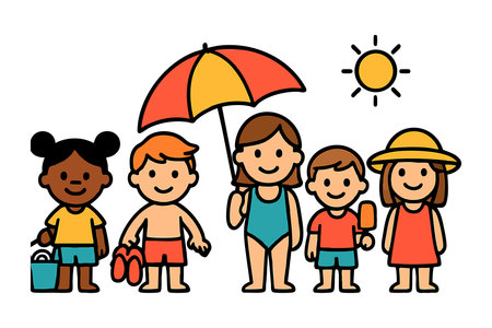 Five children stand smiling on a sunny beach day wearing swimsuits and summer hats, holding ice cream and beach toys, creating a cheerful and bright mood.のイラスト素材
