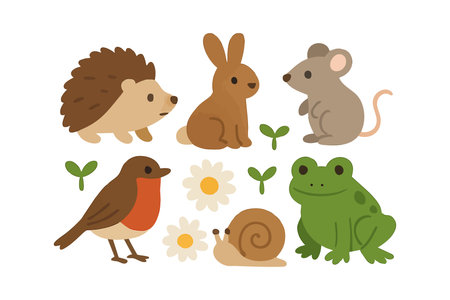 This vector features a hedgehog, rabbit, mouse, bird, snail, and frog surrounded by flowers and sprouts. The soft colors and playful design create a cheerful mood.のイラスト素材