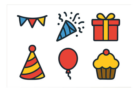 This vector illustration features colorful birthday party elements including a gift box, balloon, cupcake, party hat, and festive flags. The bright and cheerful design creates a joyful mood.のイラスト素材