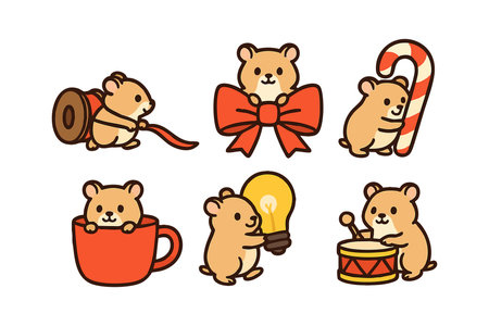 Vector illustration of six cute hamsters with holiday elements like candy cane, bow, drum, and light bulb, expressing a festive and joyful mood in bright colors.のイラスト素材