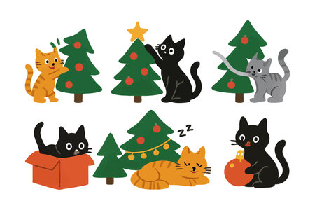Vector illustration shows playful cats interacting with decorated Christmas trees, festive lights, and ornaments in a cozy holiday setting with cheerful and warm mood.のイラスト素材