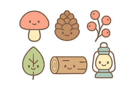 This vector illustration shows cute forest elements including a mushroom, pinecone, berries, leaf, log, and lantern with smiling faces in soft pastel colors, charming and friendly.のイラスト素材