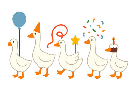 Vector illustration of five adorable white geese celebrating a birthday with colorful balloon, party hats, confetti, and cake. The scene is cheerful and festive in style.のイラスト素材