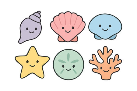 This vector features six adorable sea creatures including shells, starfish, coral, and sand dollar with smiling faces in pastel colors, creating a cheerful and playful mood.のイラスト素材