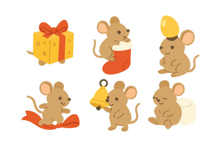 This vector illustration features six adorable mouse cartoon characters interacting with cheese, a gift box, stocking, lemon, ribbon, bell, and marshmallow in a playful style. Cheerful mood.のイラスト素材