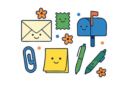 This vector illustration features a cute cartoon mail stationery set with a smiling envelope, mailbox, paperclip, pen, sticky note, and flowers in cheerful colors. Playful and friendly.のイラスト素材