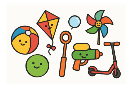 Vector illustration showing a collection of colorful kids toys including a beach ball, kite, pinwheel, bubble wand, water gun, and scooter in playful style, cheerful mood.のイラスト素材