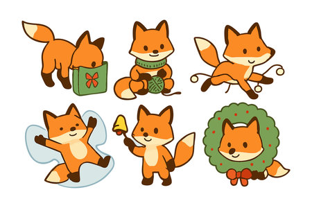 This vector illustration features adorable foxes engaging in winter activities such as playing with yarn, reading a book, making a wreath, and enjoying snow, creating a joyful festive mood.のイラスト素材