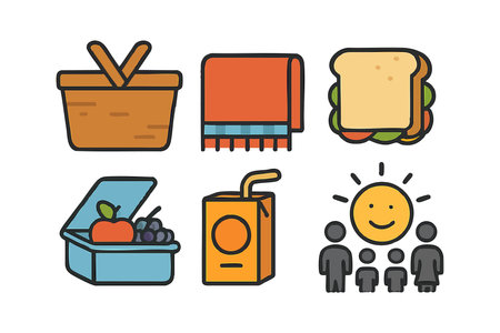 This vector illustration shows a picnic basket, sandwich, juice box, and a family under the sun, conveying outdoor leisure and happiness in a clear and colorful style. Cheerful mood.のイラスト素材