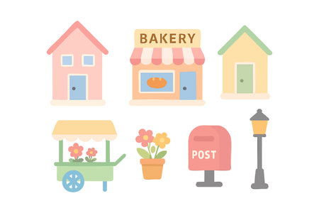 This vector illustration shows a small pastel-colored village with three houses, a bakery, flower cart, potted flowers, mailbox, and street lamp in soft colors, charming and calm.のイラスト素材