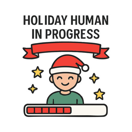 Vector graphic shows a smiling person wearing a red Santa hat with a loading bar and stars, symbolizing holiday spirit in progress. Cheerful and festive mood.のイラスト素材
