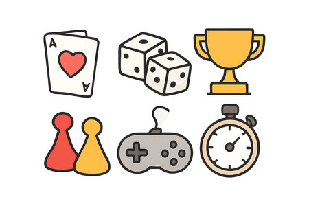 Vector collection shows game elements including playing cards, dice, trophy, pawns, controller, and stopwatch in simple colorful style. Design conveys fun and competitive mood.のイラスト素材