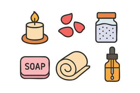 Vector illustration shows spa wellness items including a lit candle, soap, towel, essential oil bottle, petals, and bath salt jar in soft pastel colors, creating a calm and relaxing mood.のイラスト素材