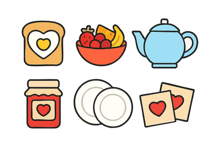 This vector set displays breakfast-themed icons such as toast with a heart, a fruit bowl, a blue teapot, jam jar, plates, and love notes, presented in a cheerful style.のイラスト素材
