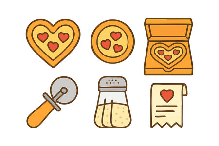 Vector image shows heart shaped pizza cutter, pizza slice box with heart decoration, salt shaker, and receipt with heart symbol, depicting romantic meal preparation in warm colors, cheerful mood.のイラスト素材