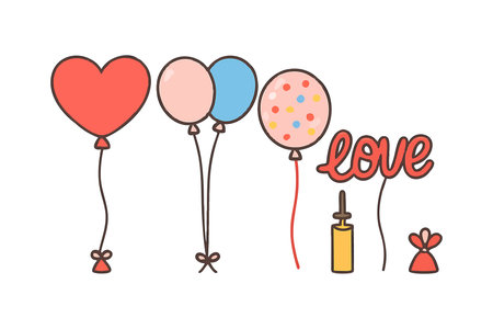 This vector artwork displays heart shaped and colorful balloons alongside a helium pump and love lettering, symbolizing celebration and affection in a cheerful mood.のイラスト素材
