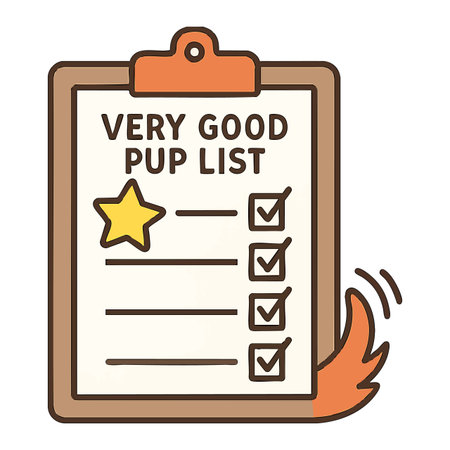 Illustration shows a clipboard with a Very Good Pup List featuring checkmarks and a wagging dog tail, conveying positive pet behavior and approval in a playful style. Cheerful mood.のイラスト素材