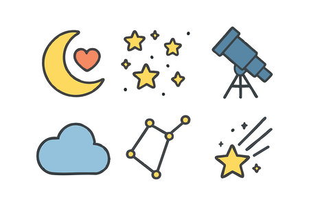 Vector icons show astronomy themes including crescent moon with heart, stars, telescope, cloud, constellation, and comet in simple outlined style. The design appears playful and charming.のイラスト素材