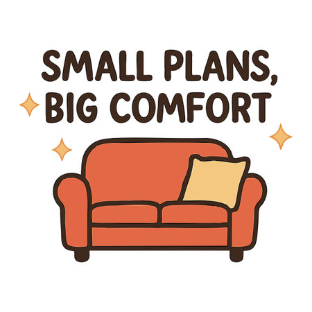 Illustration shows a cozy orange sofa with a yellow pillow and motivational text small plans big comfort, conveying relaxation and simplicity in home life. Warm inviting mood.のイラスト素材