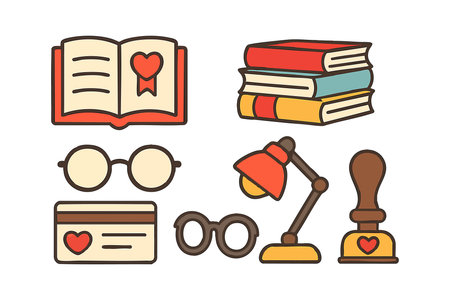 This vector illustration shows a collection of educational and reading icons including open book, stacked books, glasses, lamp, and stamp with heart symbols in warm colors. Cheerful.のイラスト素材