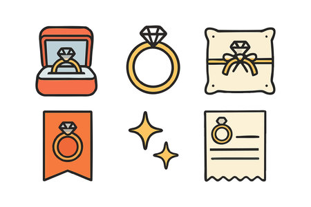 Vector icons depict an engagement ring in a box, loose ring, ring pillow, certificate, and sparkles, representing wedding and proposal themes in bright colorful style, cheerful mood.のイラスト素材