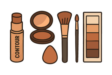 Vector illustration shows contour makeup products including stick, powder compact, brushes, and palette in brown tones for face makeup and beauty routines, bright and clear style. Calm mood.のイラスト素材