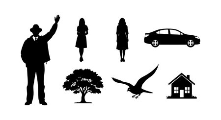 This vector illustration features silhouettes of a man, two women, a car, a house, a tree, and a bird, creating a versatile composition. Simple.のイラスト素材