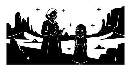 Scene shows elderly woman reading to young girl outdoors at night with mountains, stars, and peaceful atmosphere. Quiet, magical mood.のイラスト素材
