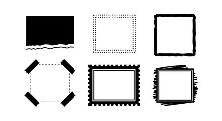 This vector file presents six unique square photo frames with varied textured borders, suitable for creative digital uses. Artistic and modern.のイラスト素材