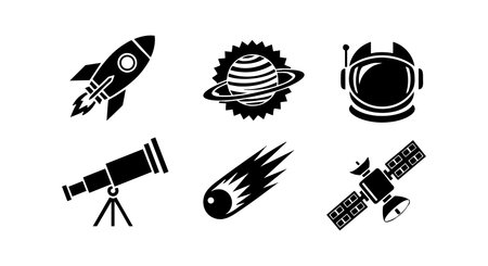 This vector set shows space exploration symbols including rocket, planet, astronaut helmet, telescope, comet, and satellite, all in black silhouette style. Futuristic.のイラスト素材