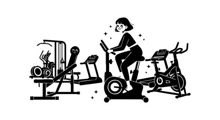 A woman rides a stationary bike surrounded by gym equipment such as treadmill and elliptical, creating an active and healthy atmosphere. Energetic.のイラスト素材