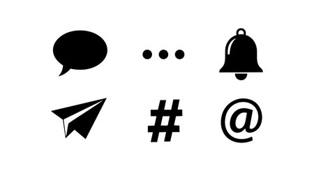 This vector showcases six bold black communication icons including chat, notification, hashtag, and at symbol, arranged on white background, modern mood.のイラスト素材