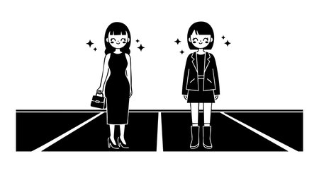 Two women stand on a street, each showing different fashion styles, simple outfits, black and white vector, clear lines, stylish mood.のイラスト素材