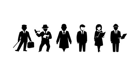 Six business professionals stand in a row holding different items, each representing a unique occupation, all in silhouette style, professional mood.のイラスト素材
