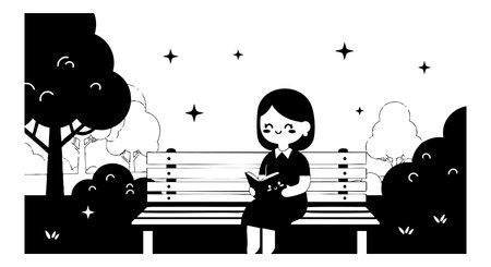 A girl sits on a park bench reading a book under night sky stars, surrounded by trees and bushes. Calm, serene atmosphere.のイラスト素材