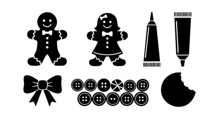 This vector features gingerbread cookie couple, frosting tubes, buttons, bow, and bitten cookie, all in black silhouette style. Playful mood.のイラスト素材