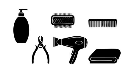 Collection of essential hair salon grooming tools including comb, brush, clippers, hair dryer, towel, and shampoo bottle, simple and practical.のイラスト素材