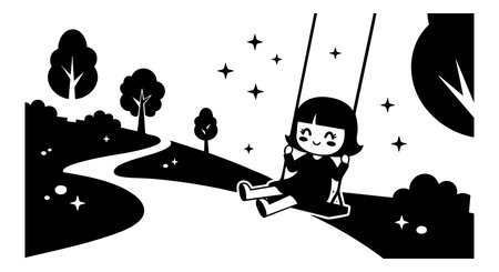 A girl swings joyfully under a starry night sky, surrounded by trees and a winding path, creating a tranquil and whimsical mood.のイラスト素材