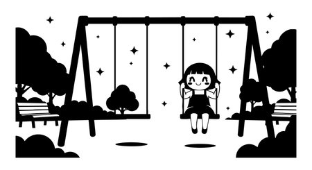 A cheerful child swings on a playground swing set among trees and benches, under a starry sky, simple and playful mood.のイラスト素材
