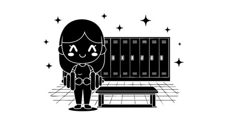 Smiling woman lifts dumbbells in gym locker room beside bench and lockers, simple monochrome style, cheerful mood.のイラスト素材