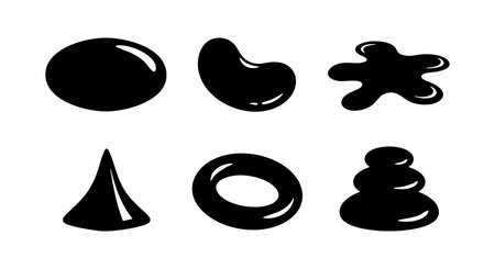 This image features six abstract geometric blob shapes with a glossy black finish, arranged in a simple vector illustration style, modern mood.のイラスト素材