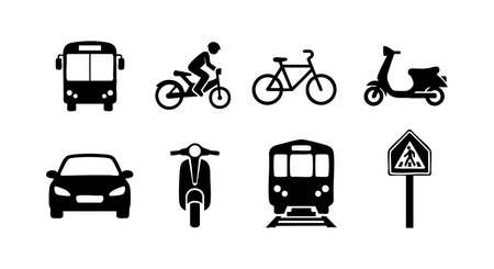 Set shows various urban transportation symbols with bus, train, car, bicycle, motorcycle, scooter and crossing sign, simple style, neutral mood.のイラスト素材