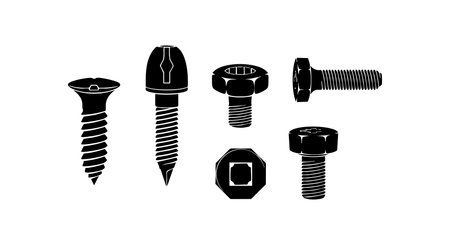 Collection of different screw and bolt silhouettes appear in a simple black and white vector style, conveying a technical mood.のイラスト素材