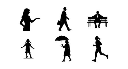 This vector illustration shows six black silhouette people in various poses and activities, set against white background, creating a simple, neutral mood.のイラスト素材