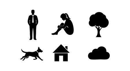This set shows black silhouette vector icons of a man, a woman, a tree, a dog, a house, and a cloud. Simple.のイラスト素材