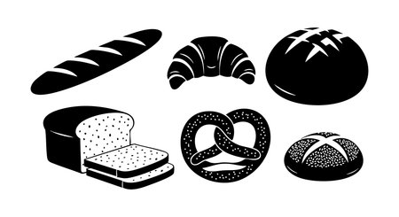This vector features assorted bakery bread types including baguette, croissant, round loaf, and pretzel, rendered in monochrome style, simple mood.のイラスト素材